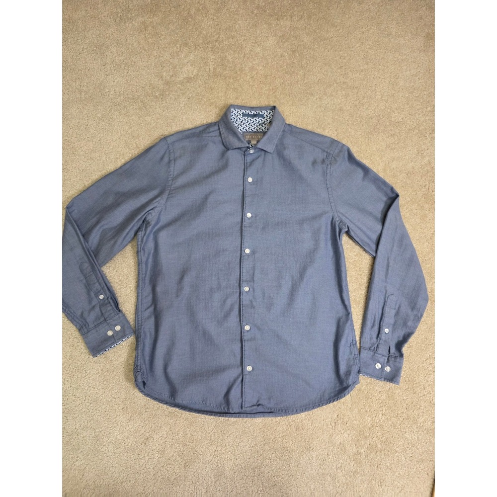 Ted Baker Mens Blue Herringbone Long Sleeve Button Down Shirt Size M